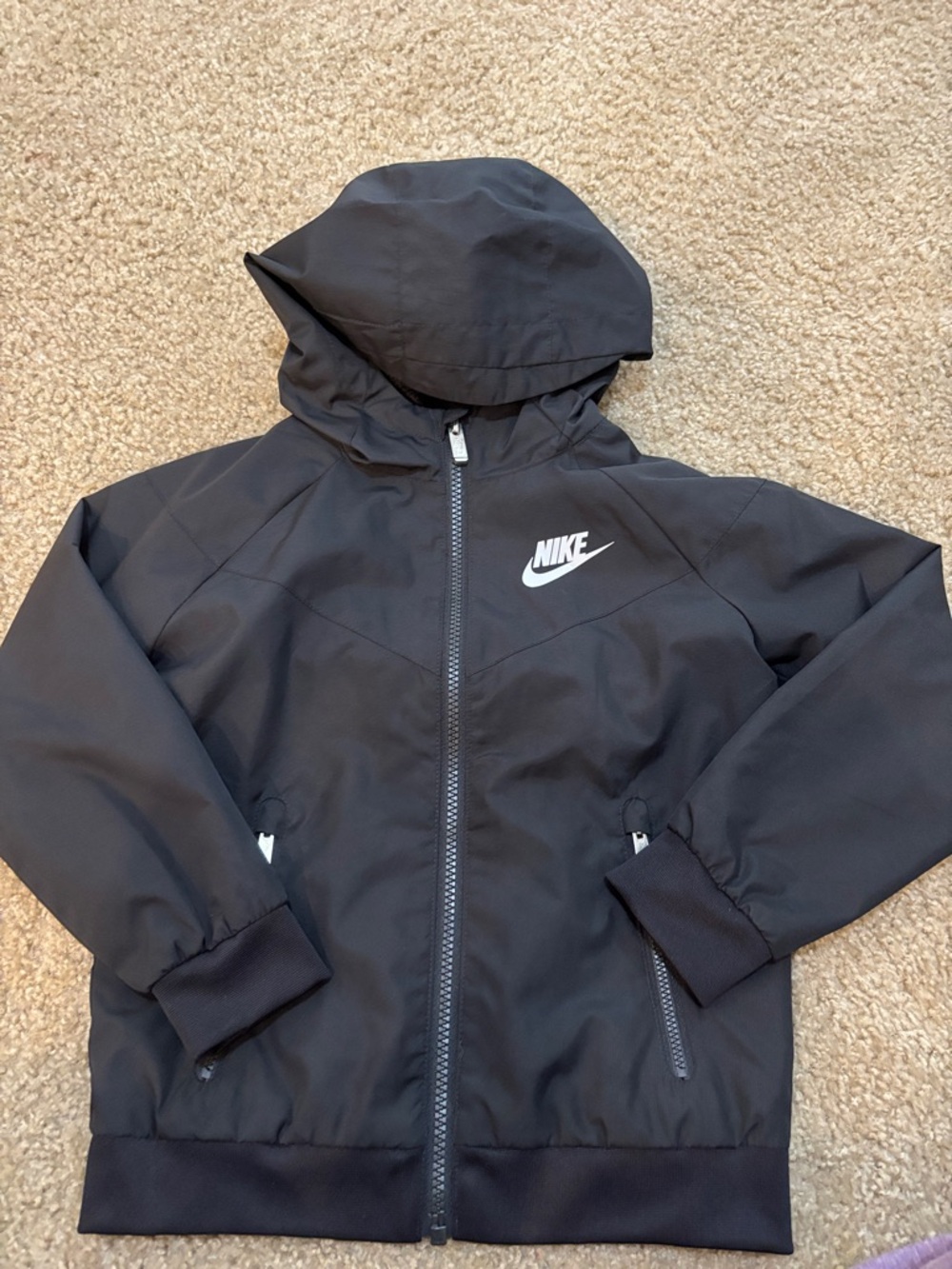 Nike Kids Black Hooded Rain Jacket with White Swoosh
